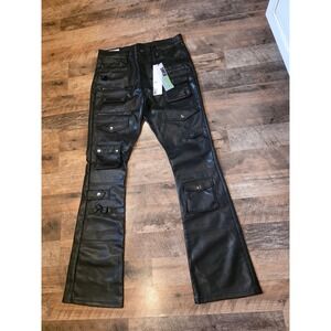 First Row Mens Black Faux Leather Stacked Cargo Jeans FRP3007 Size 34 x 35 NWT